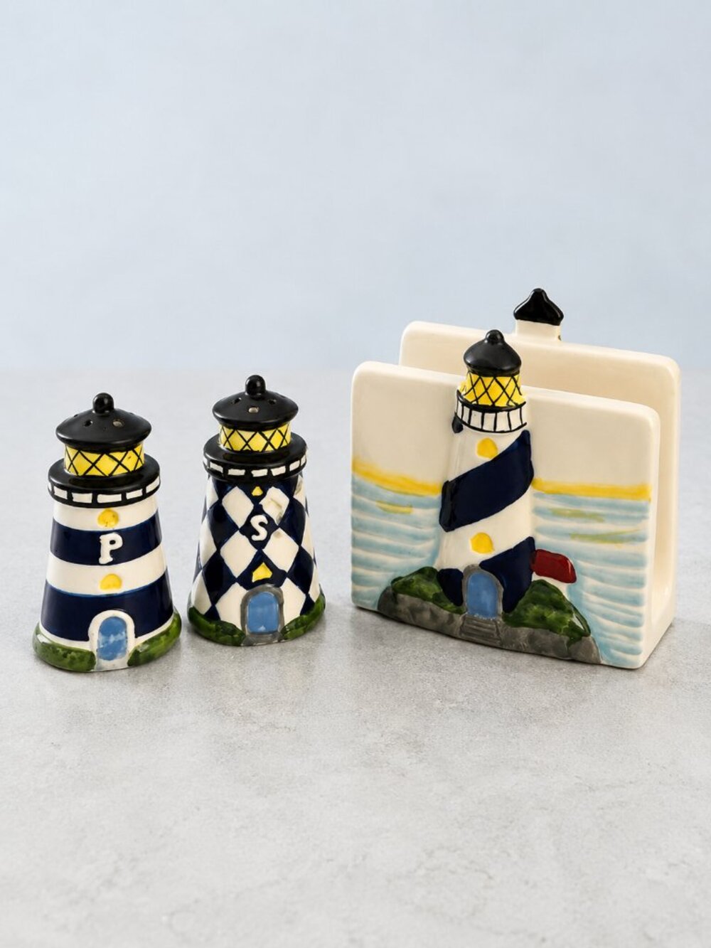 Vintage Ceramic Lighthouse Salt Pepper Shakers Napkin Holder Nautical 3 Pc Set